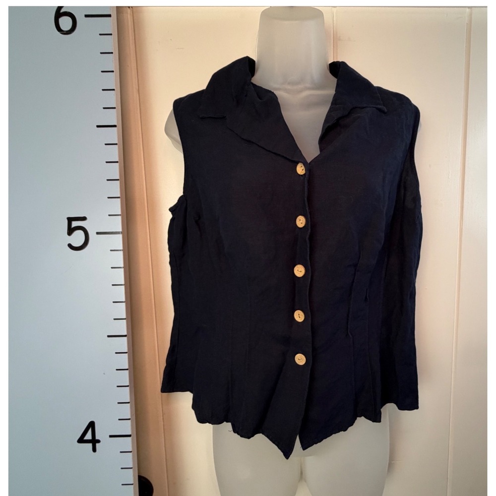 Studio I Dark Blue Linen Button Down Front Sleeveless Blouse Women's 12 Preppy